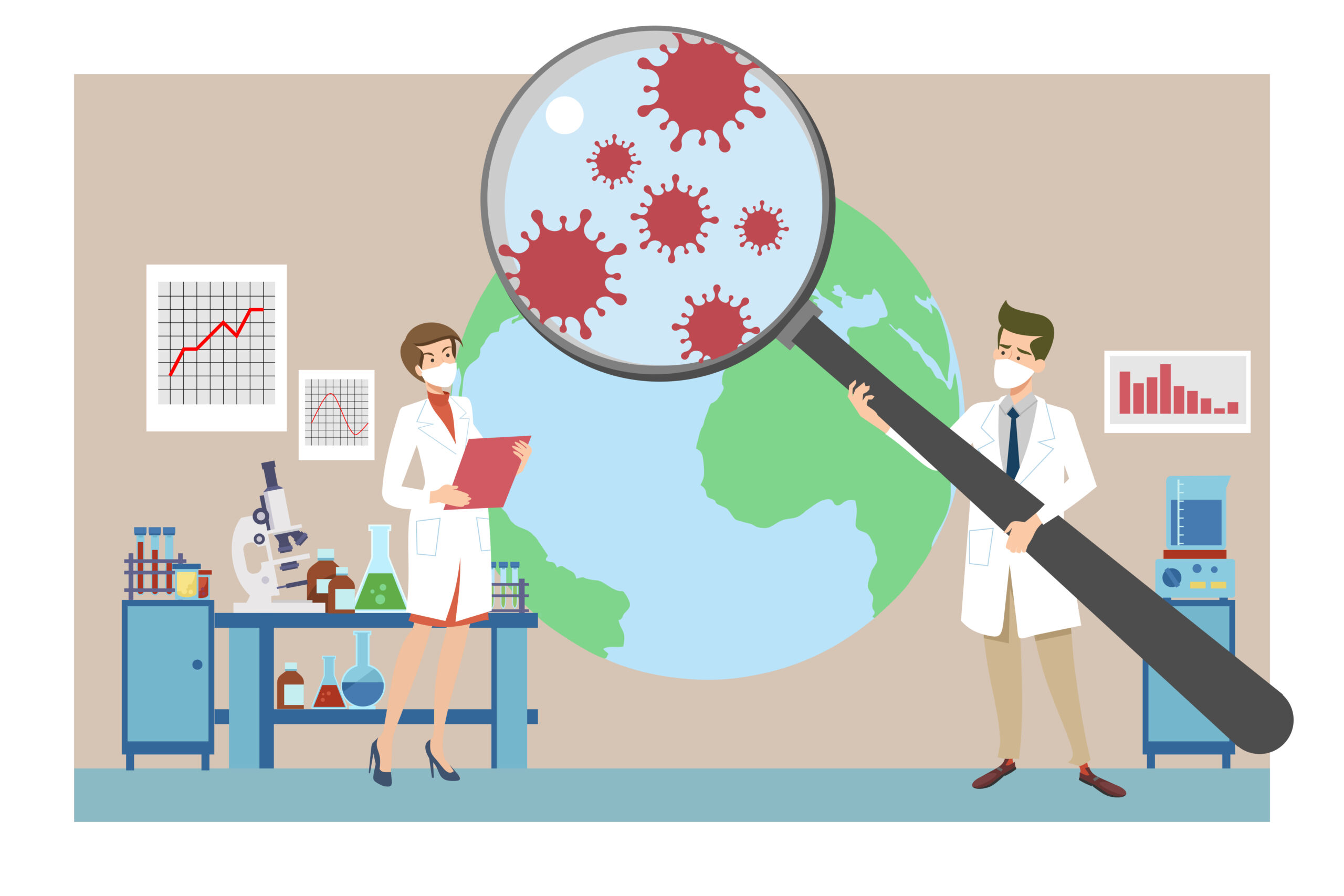 Coronavirus research, pandemic, epidemiology concept. Microbiologists analyzing Covid infection in lab with glass tubes, test samples, microscope. Scientists discussing corona virus spread geography.